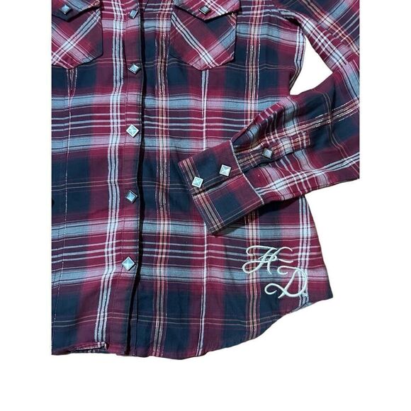 Harley-Davidson Red Orange Black Plaid Snap Front Embroidered Western Shirt Sz X - Picture 7 of 11